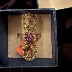 Gold-Tone Floral Crystal Ring with Purple Accents